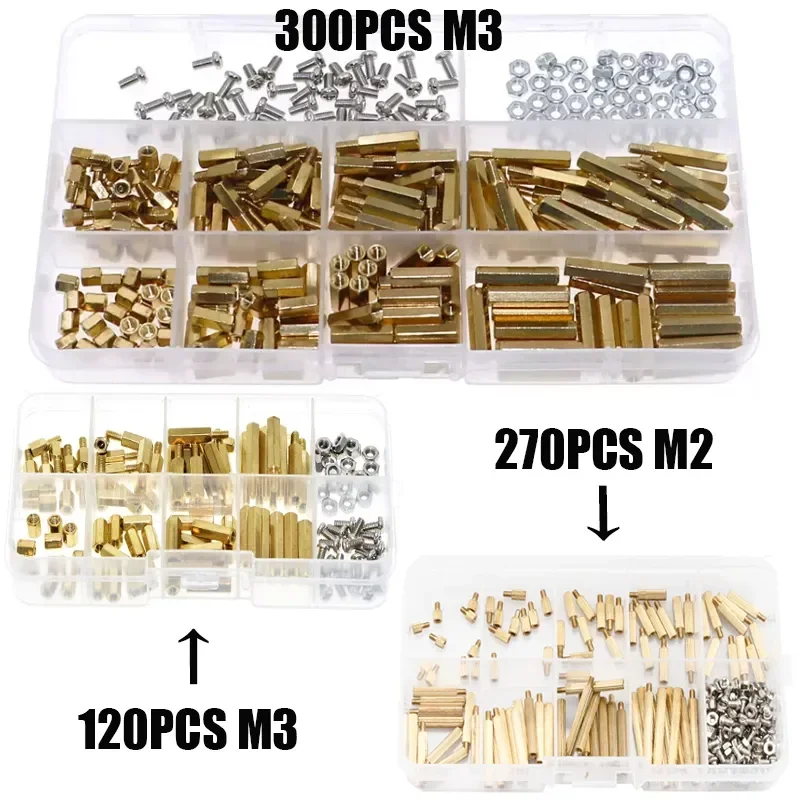 Separador de columna hexagonal de latón para placa de circuito PCB, tornillo de placa base, tuerca macho y hembra, 120/270/300 piezas, M2, M3