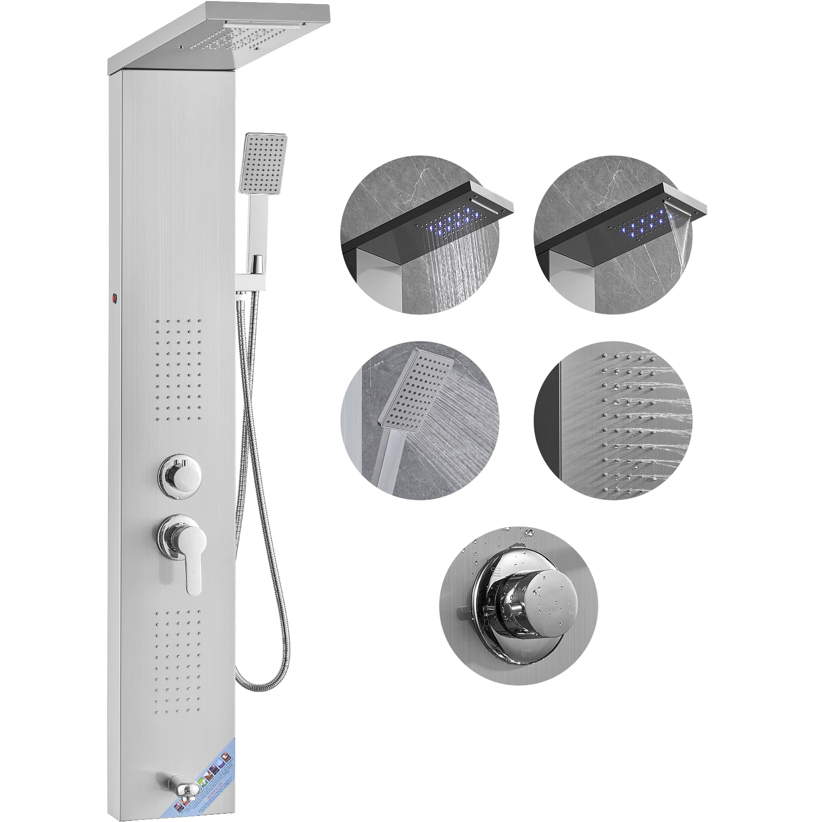 VEVOR LED Shower Panel System Bathroom Waterfall Rain Shower Stainless Steel Wall-Mounted Shower Set W/Body Massage Jets 5 Modes