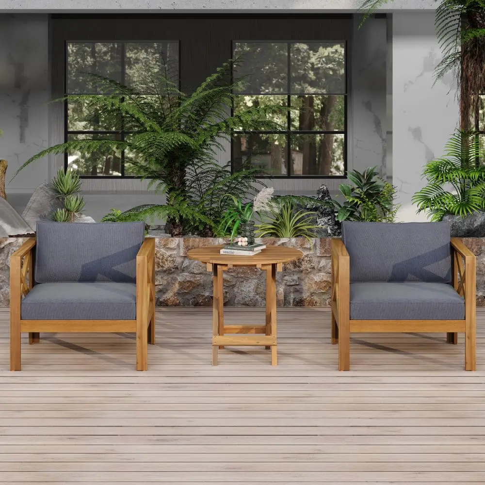 Acacia Wood Patio Armchair Set 2-Piece with Grey Cushions & Foldable Side Table Teak Finish for Backyard Porch, Customized