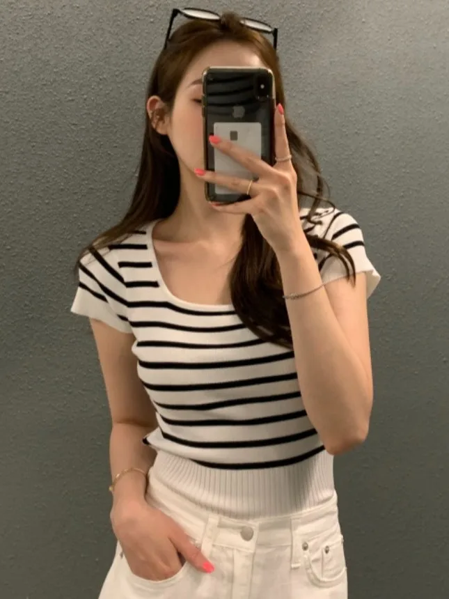 

Корейский шикарный летний новый Sle Slim Fit ort Sve вязаный irt женский квадратный воротник в полоску цветная блузка тонкая модель