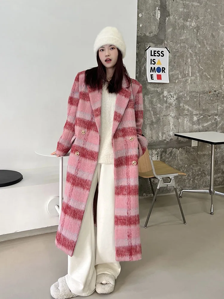 Loose Fit pink Color Casual Plaid Woolen Coat Parkas Lapel New Long Sleeve Women Fashion Tide Autumn Winter 2023