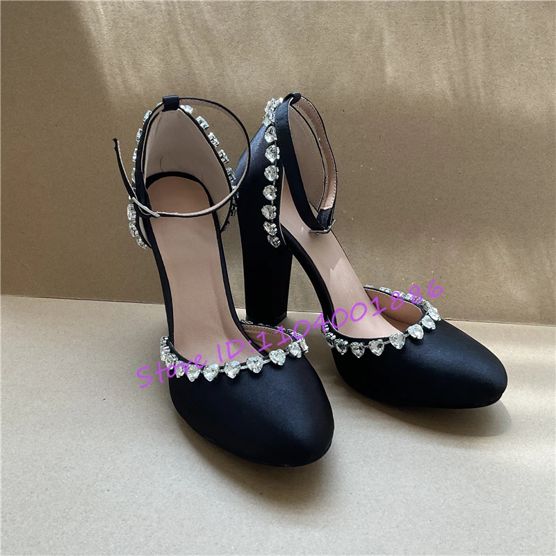 

Black Satin Heart Crystal Women's Sandals Round Toe Ankle Strap Chunky High Heels Sandals Summer New Party Banquet Dress Shoes