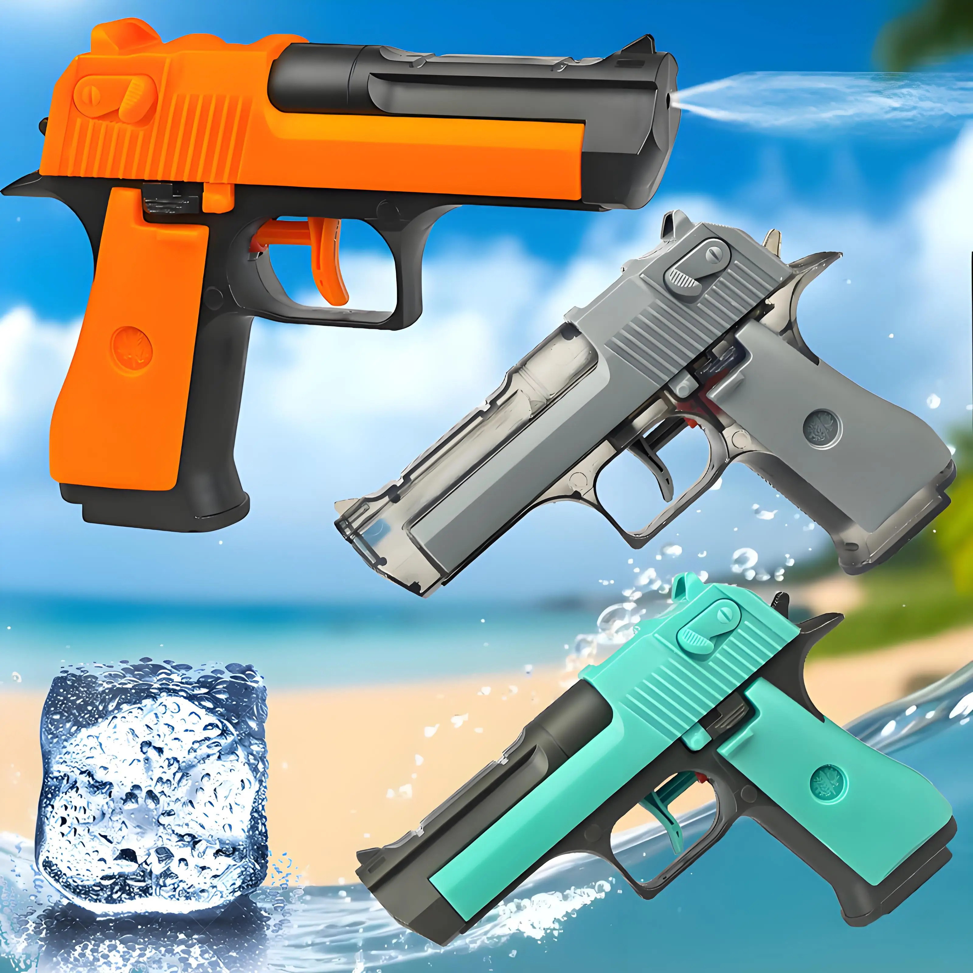 2pc color-block water guns, small spray guns suitable for summer parties and outdoor games, featuring a mixed color design and b