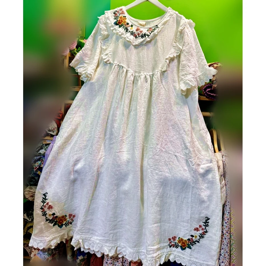 

Linen Vintage Floral Embroidery Ruffled Lace Summer Midi Dress for Women Cottagecore Retro Victorian Mori Girl White Long Dress