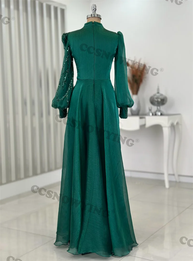 Organza Appliques Beaded Muslim Evening Dress Islamic Long Sleeve Prom Formal Party Gown Arabic Dubai Women Robes De Soirée