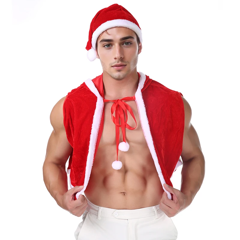 Christmas Cape Red Sexy Santa Hat Cropped Cape Unisex Adult Nightclub Stage Show Christmas Costume Hooded Poncho Christmas Props