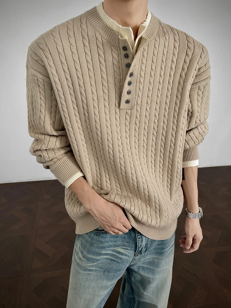 

Мужской трикотаж с воротником Генри, текстурированный полосатый узор, стандартный крой, длинный све, осенняя мода, повседневный, удобный, дышащий