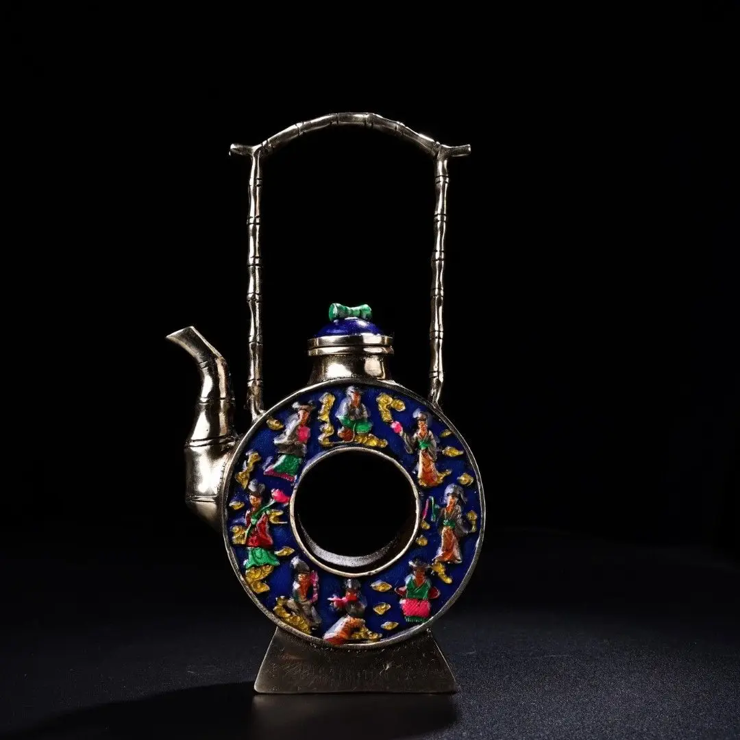 Vintage Collectible Cloisonné Teapot with Copper Body, Enamel Painted, Bail Handle, Eight Immortals Crossing the Sea Motifs