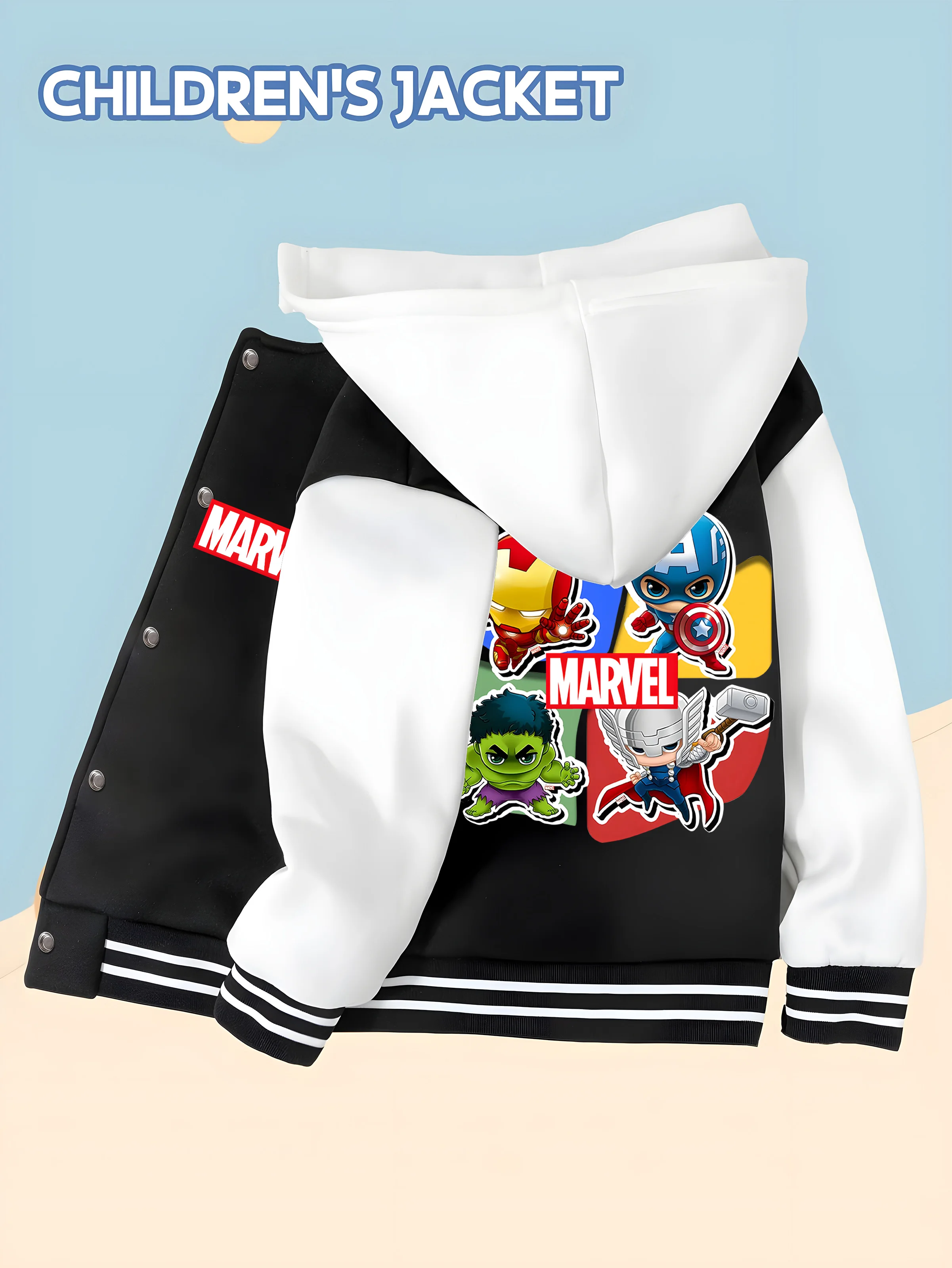 

MINISO Baseball hooded Jacket - Kids Jacket with Avengers Hero Print, Double-sided Pattern Design, Soft and Comfortable Fabric,