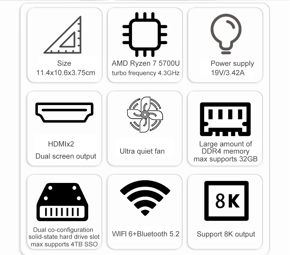 AMD Ryzen 7 5700U MINI PC Windows 11 Pro DDR4 16GB 512GB NVMe SSD WIFI6 BT5.2 8K Desktop MINI PC Gamer Computer