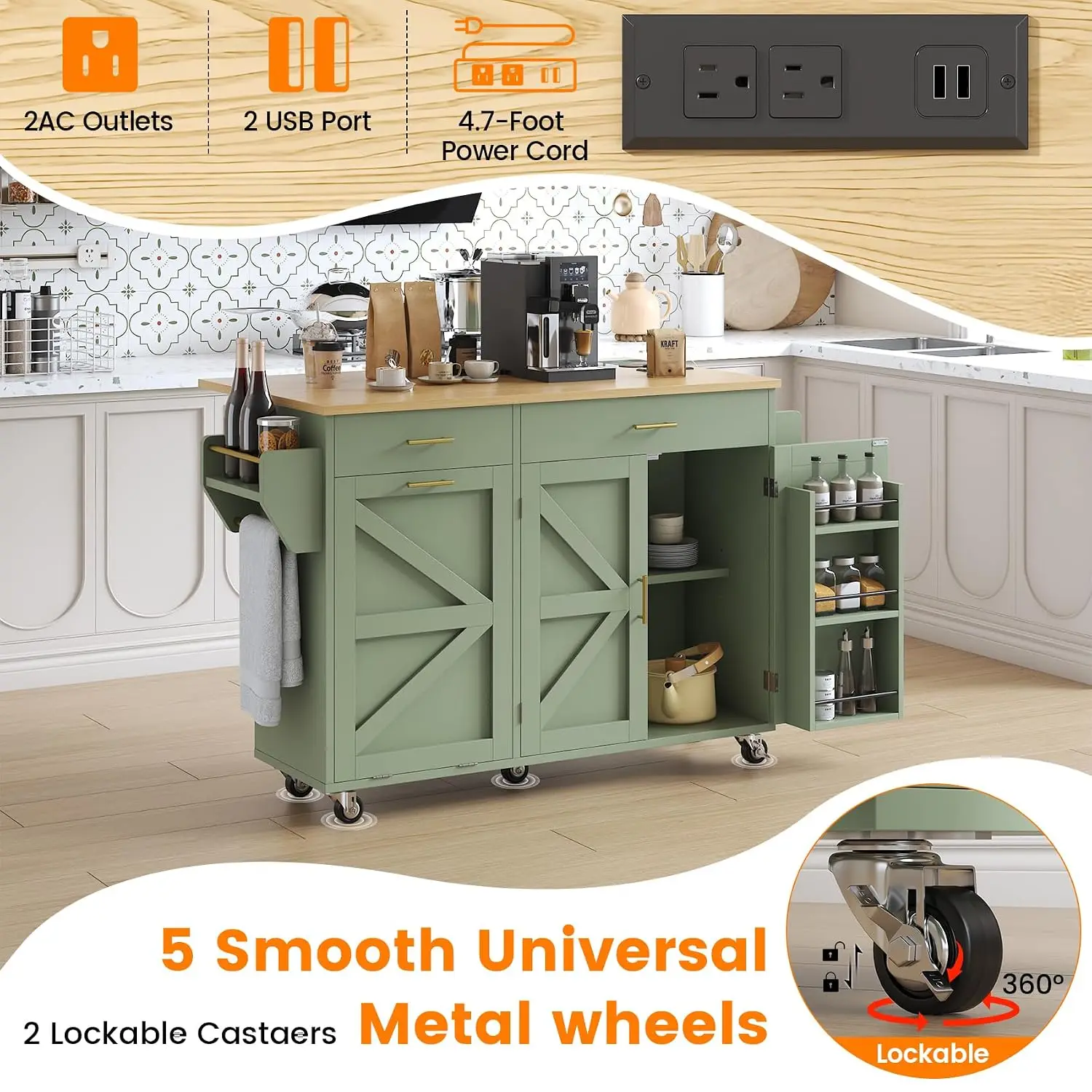 Kitchen Island Cart with Trash Storage, Wheels, Power Outlet, Drop Leaf, Towel & Spice Rack, Mobile Table, Customized