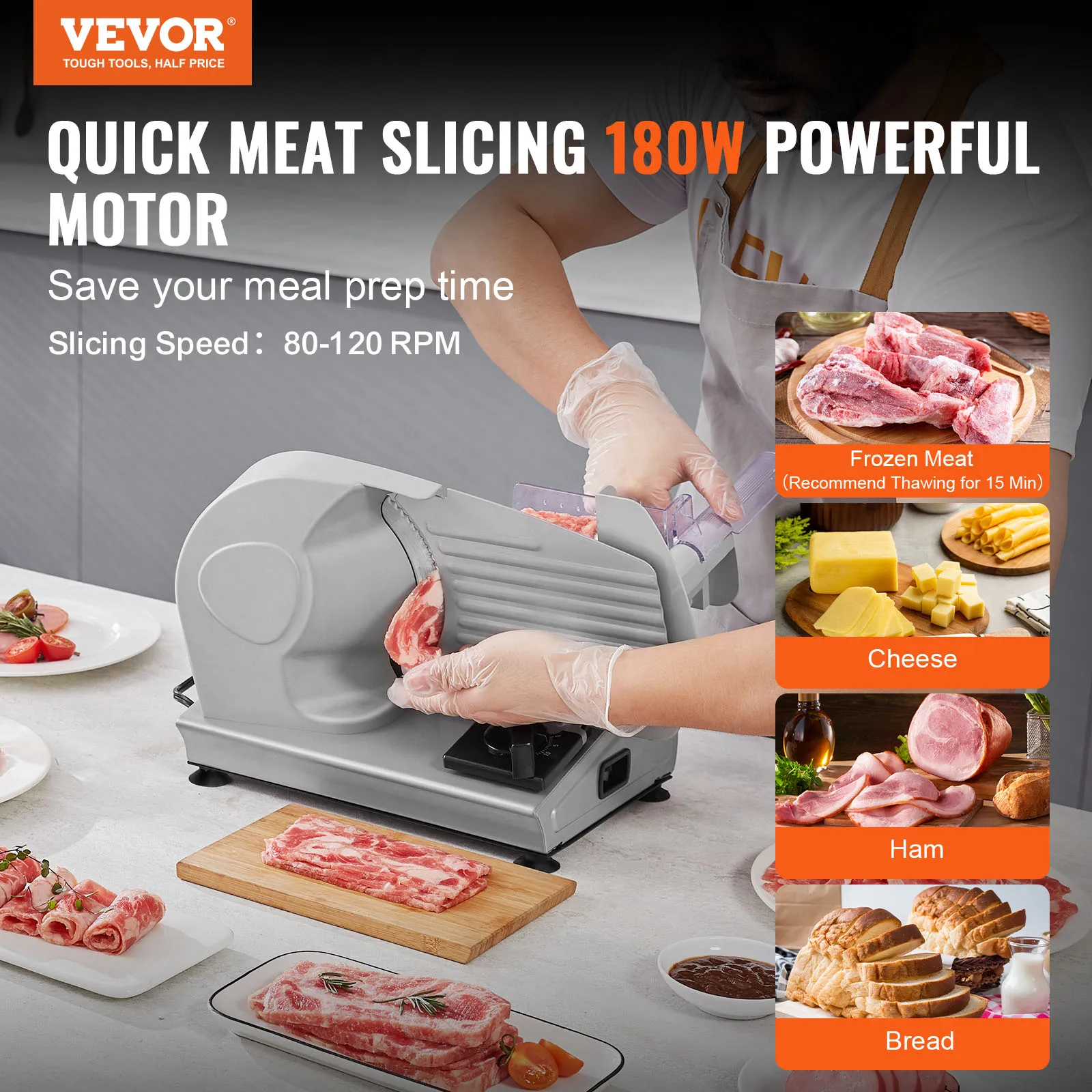 VEVOR Meat Slicer 180W Electric Deli Food Slicer SUS420 Stainless Steel Blade and Blade Guard Adjustable Thickness for Home Use