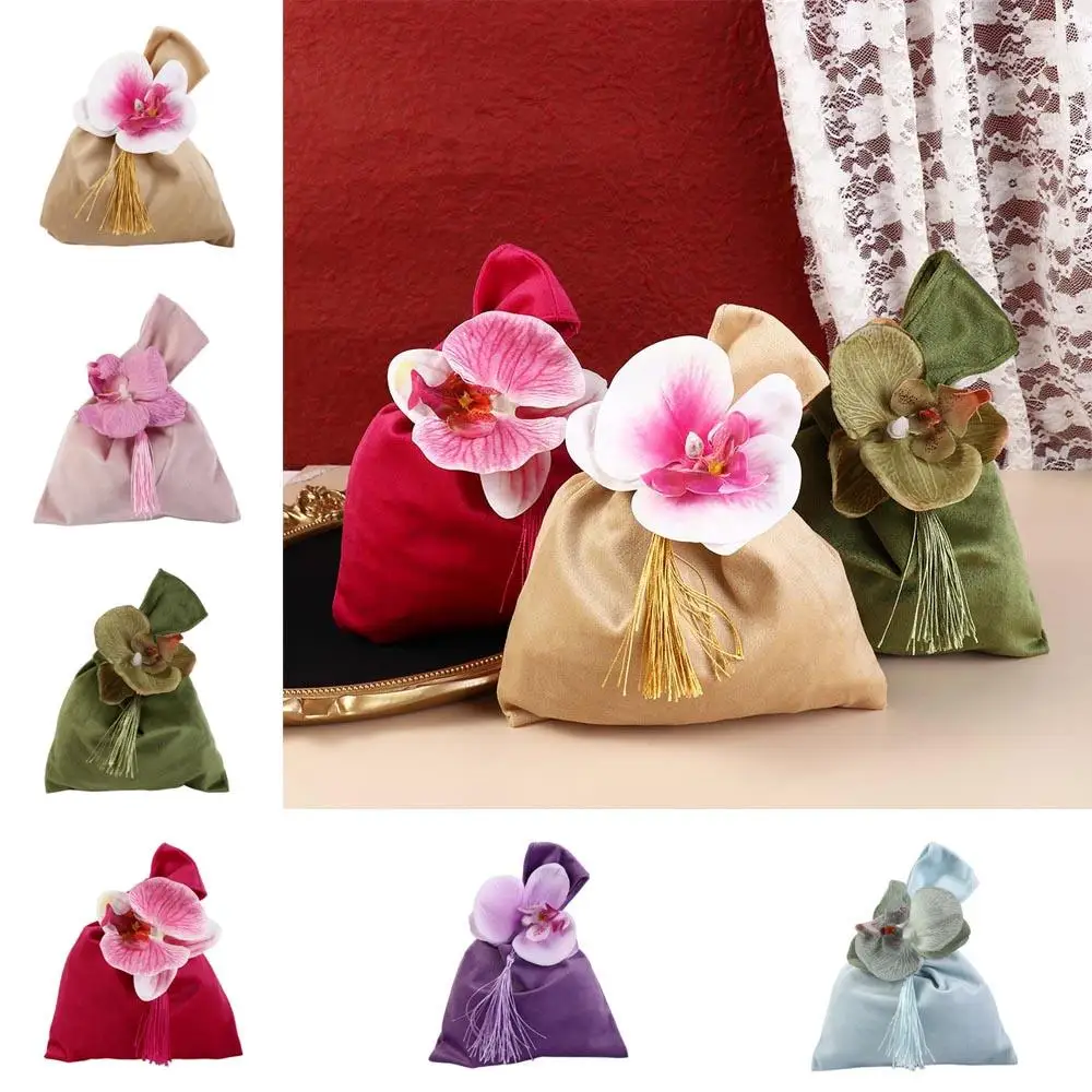 

Tassel Velvet Knot Handbag Vest Shape Large Capacity Flower Wrist Bag Tope Handle Wedding Candy Bag Festive Sugar Bag Outdoor