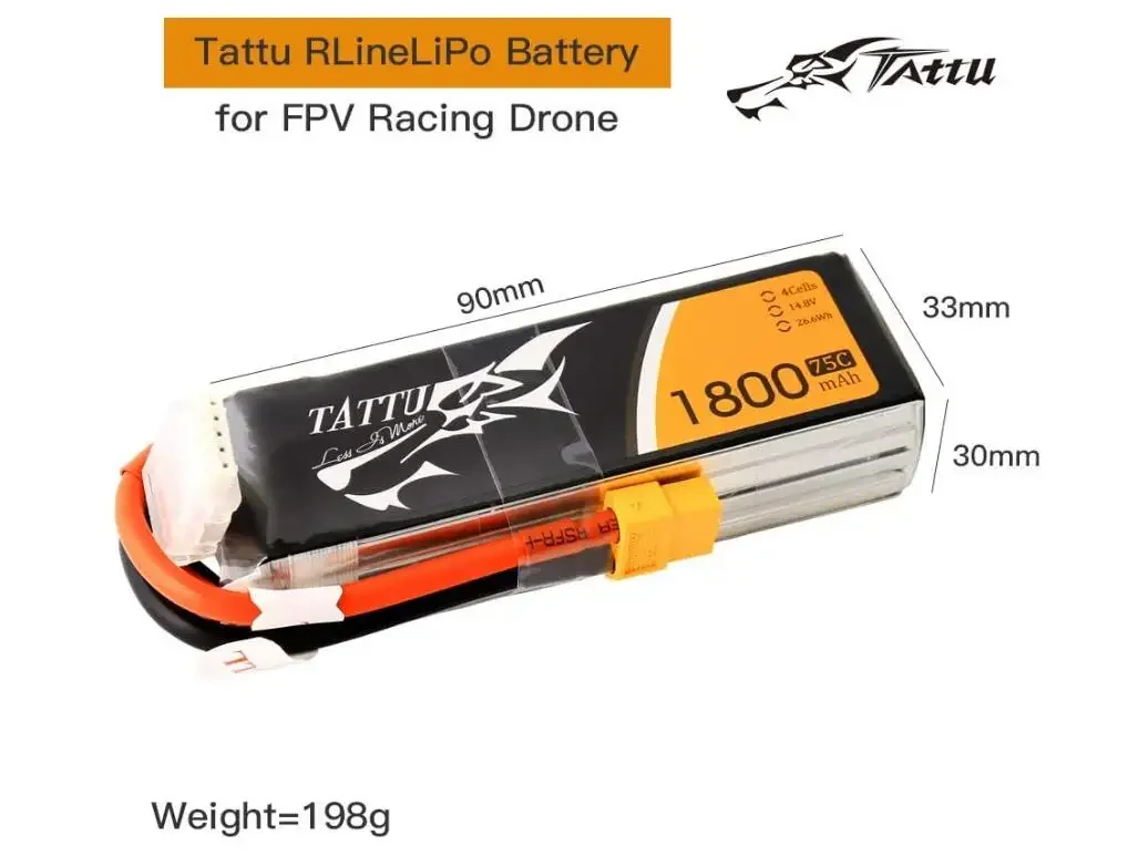 ACE Tattu 14.8V 1800mAh 4S 4cell 75C LiPo Battery Pack with XT60 Plug for FPV Racing LRC Freestyle CX Pro Quadcopter Vortex