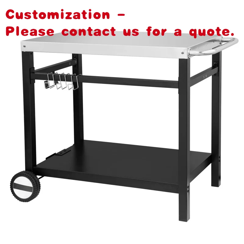 custom.AJUNION Movable Stainless Steel Flat Top Grill Cart Dining Cart Table Outdoor Kitchen Trolley with Double Shelf