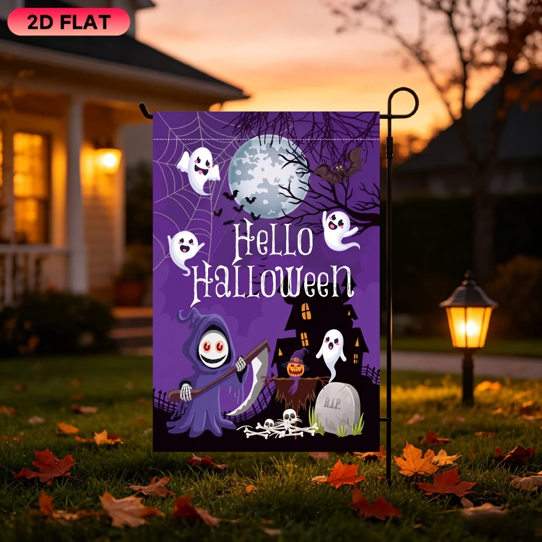 2D Flat Garden Flag 1 Piece, Zimeng Death God Halloween Garden Flag, Halloween Celebration Flag, Durable Polyester Material, Very Suitable for Garden, Lawn, Courtyard, Home, Outdoor, Beach Decoration Flags, Halloween Celebration Decoration Flags