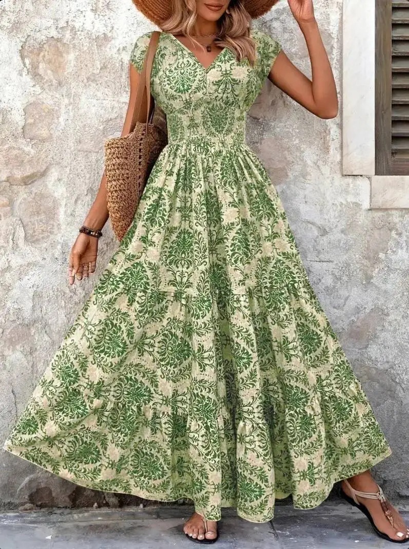 

2025 Vintage Printed Dress Fashionable And Elegant V-Neck Short Sleeved Jumpsuit Long Skirt Women's Clothing
