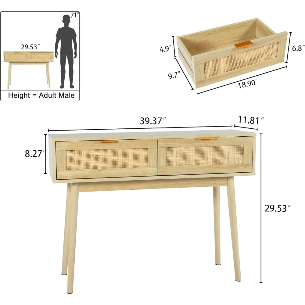 Table console moderne en rotin avec tiroirs, table de canapé en chêne, bureau d'entrée étroit pour couloir, meubles pour petits espaces
