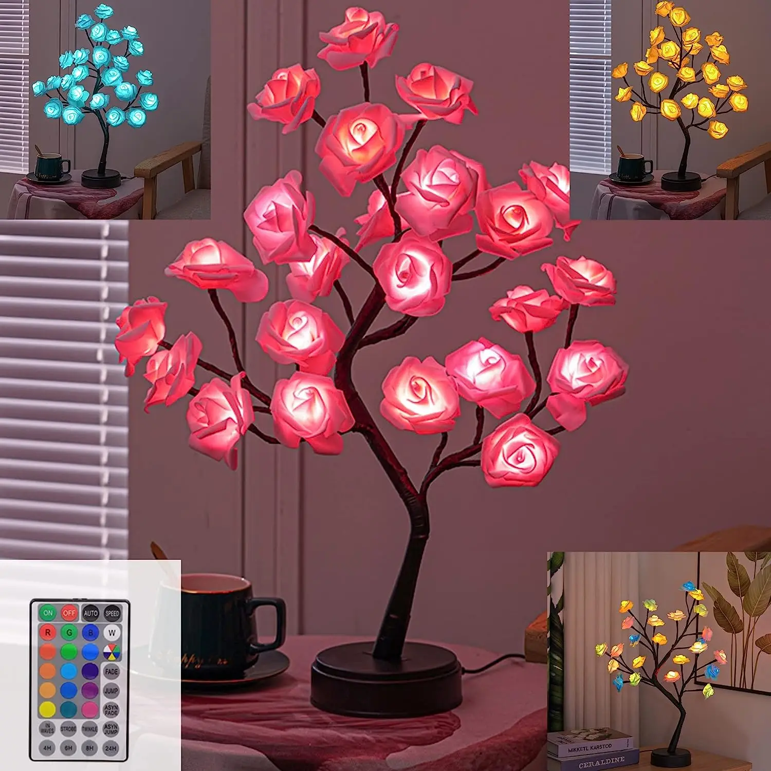 Luces de árbol de flores rosas RGB, lámpara de mesa con batería USB, luz nocturna de hadas, fiesta en casa, Navidad, boda, decoración de dormitorio,