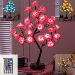 Luces de árbol de flores rosas RGB, lámpara de mesa con batería USB, luz nocturna de hadas, fiesta en casa, Navidad, boda, decoración de dormitorio, regalo, 24LED