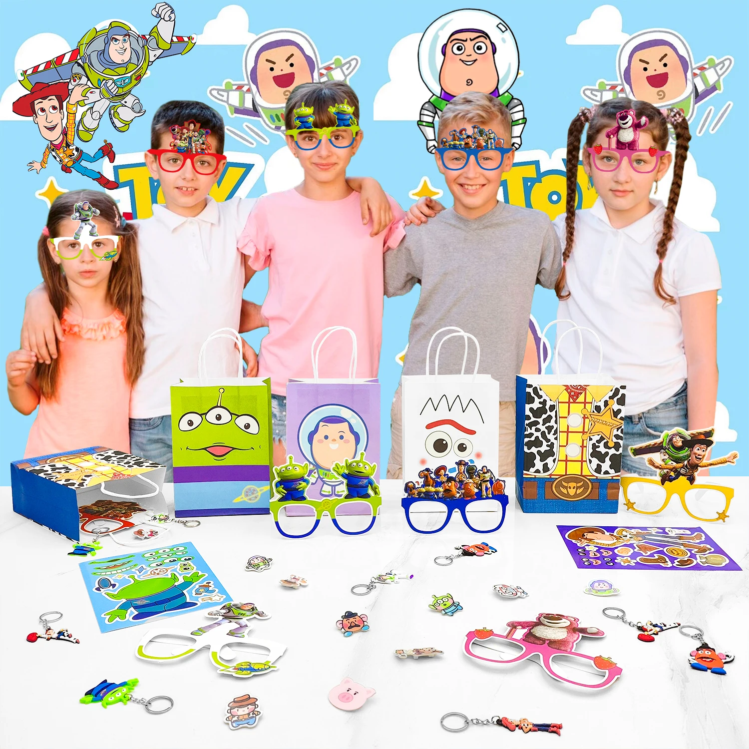 Toy Story Party Favors for Kids, 50pcs Toy Story Birthday Party Favors Set-Goodie Bags Key Chains Stickers Photo Props etc