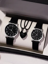 4pcs digital disc belt quartz watch paired with black magnetic heart necklace couple watch set