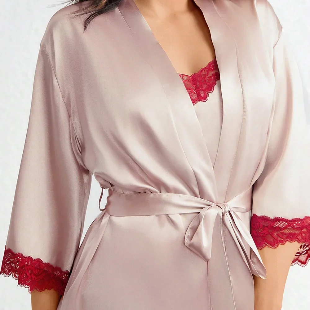 

Red Lace Trim Robe Sexy Sleepwear Women Summer New Intimate Lingerie Elegant Rayon Kimono Bathrobe Gown Summer New Loungewear