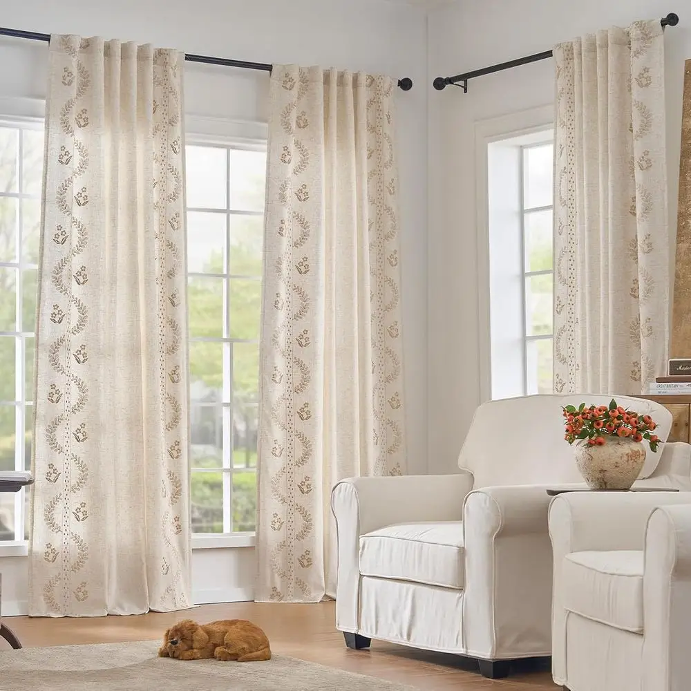 Beżowe, w stylu bohemy, z mieszanki lnu, z kwiatowym wzorem, z haftem, zestaw 2 paneli do sypialni i salonu.