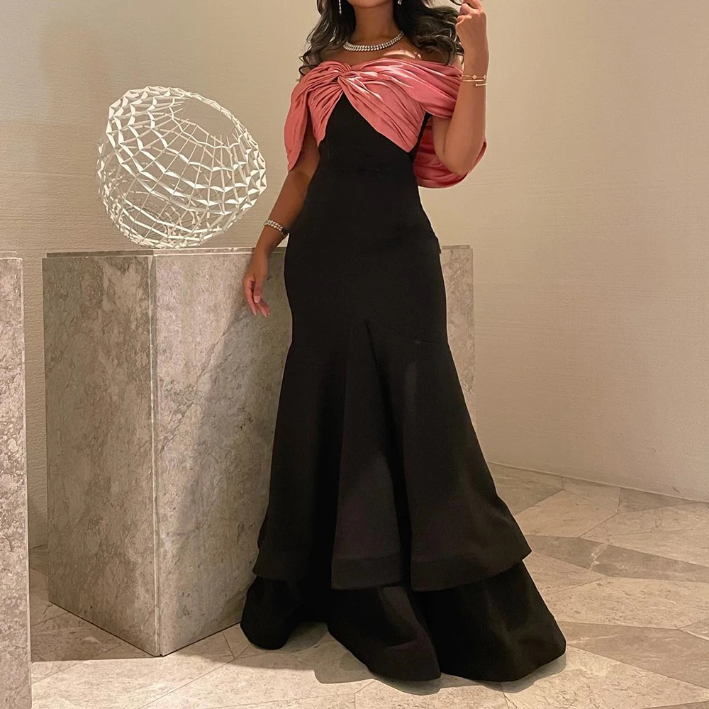 Customized Temperament Pleats Tiered Boat Neck Off the Shoulder Evening Dress Modern Mermaid Short Sleeves Photo Color Prom Gown