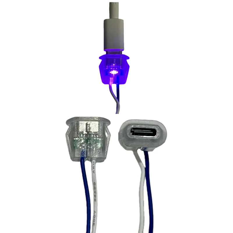New USB Type C 2pin Connector Jack Female Type-C With LED Blue-Violet Transparent Shell Charging Port USB-C Charger Plug Socket