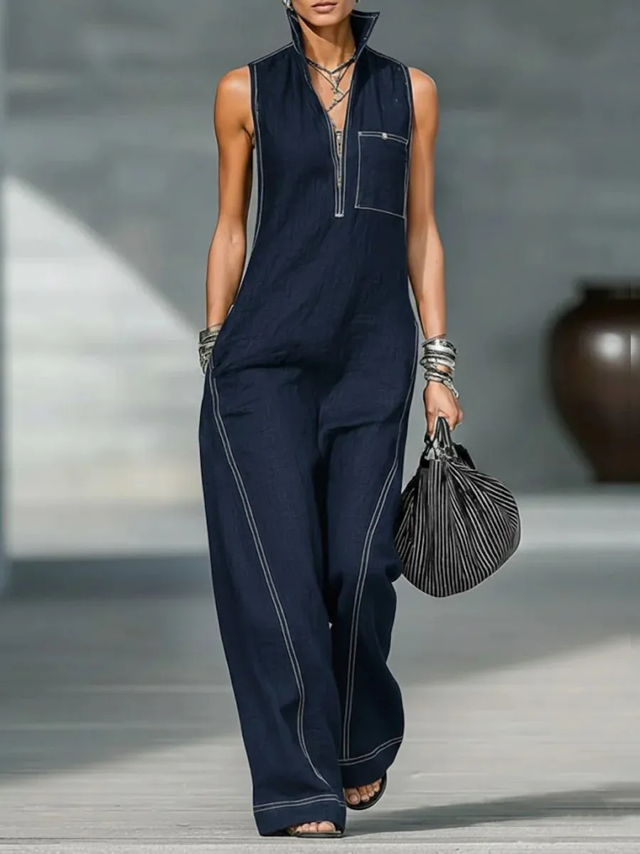 Combinaisons sans manches pour femmes 2026 Nouvelle mode Combinaison semi-ouverte à jambes larges pour femmes Pantalon décontracté ample Vêtements femme Combishort