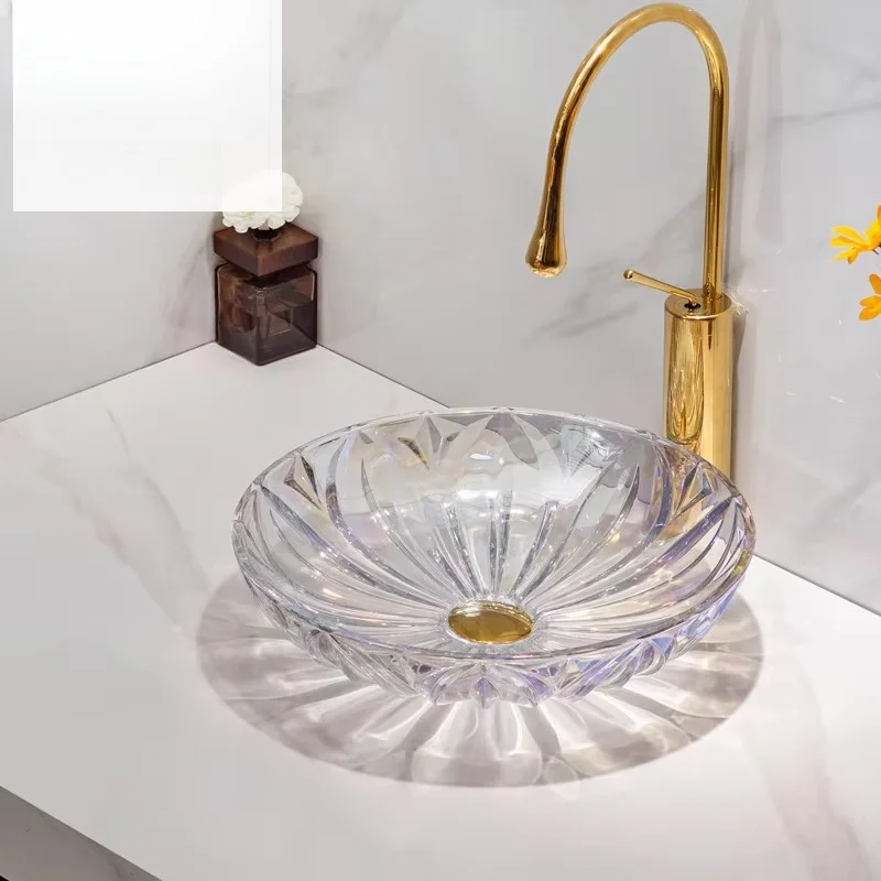 Glass round single bowl countertop bathroom wash basin rainbow/light pink easy to clean smooth surface 12 liters capacity