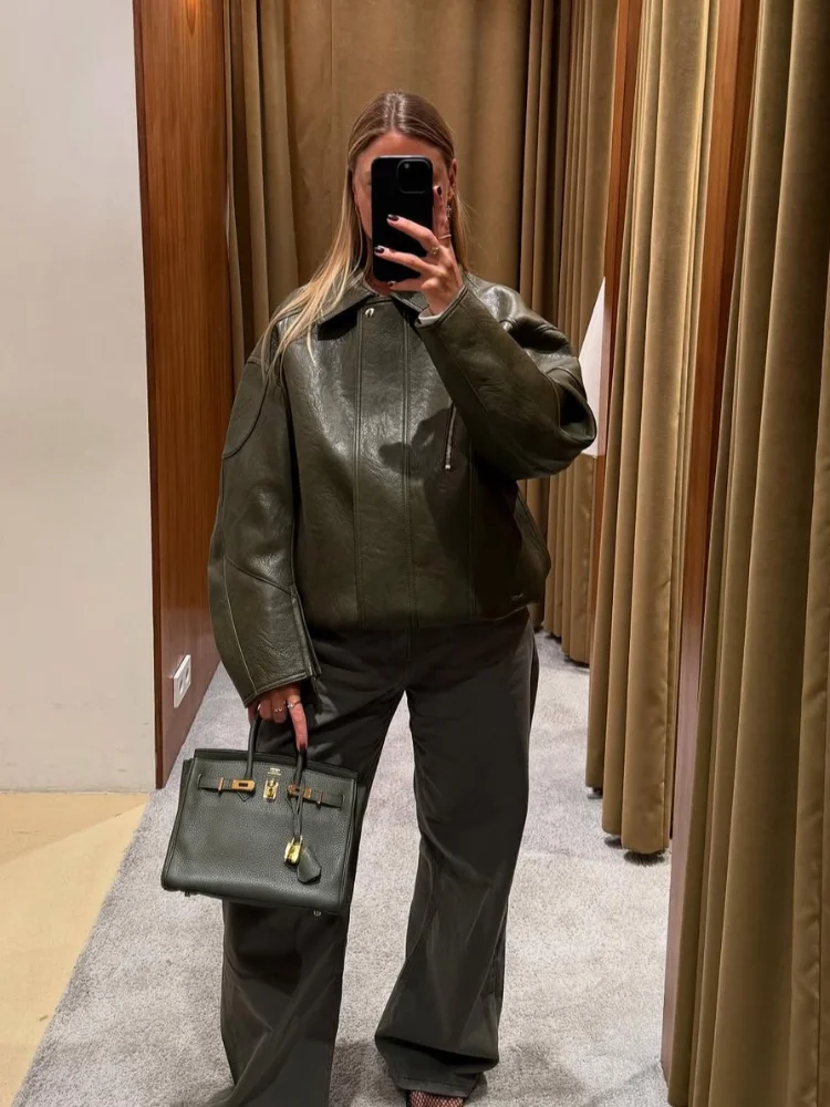

Casual Zipper Green Cropped Leather Jacket Women Vintage Lapel Full Sleeve Loose Pu Jackets Fall Lady Daily Commuting Streetwear
