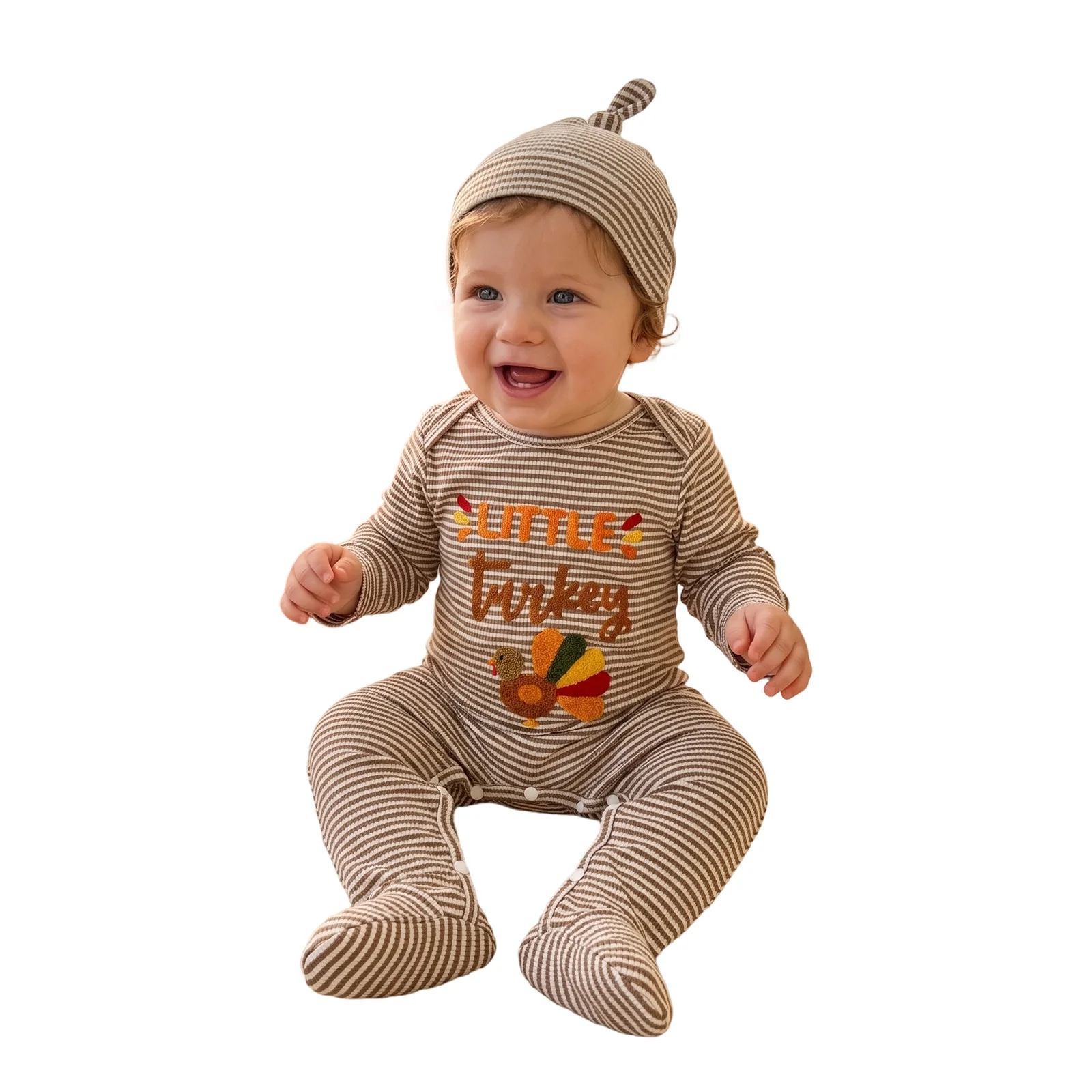 Baby Boy Thanksgiving Ouftits Long Sleeve Turkey Embroidery Romper with Hat