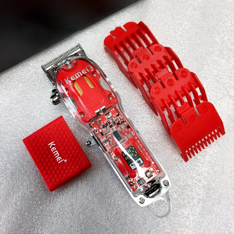 Kemei Barber Shop Fade Hair Clippers Rechargeable Hair Cutting Machine 10W Cordless Trimmer Transparent Cover Red Base KM-1761