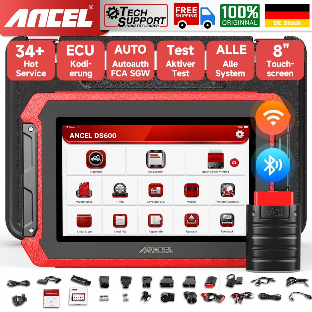 ANCEL DS600 OBD2 Scanner Bidirectional Full System Scan Tool with 34+Resets ECU Online Coding FCA SGW AutoAuth VAG Guide Scanner