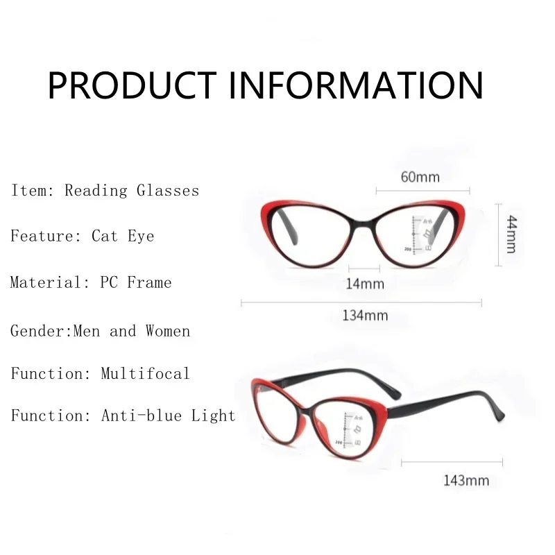 Ladies Cat Eye Farsighted Glasses Fashion Trend Blue Light Blocking Multifocal Presbyopia Eyeglasses Finished Hyperopia Diopter