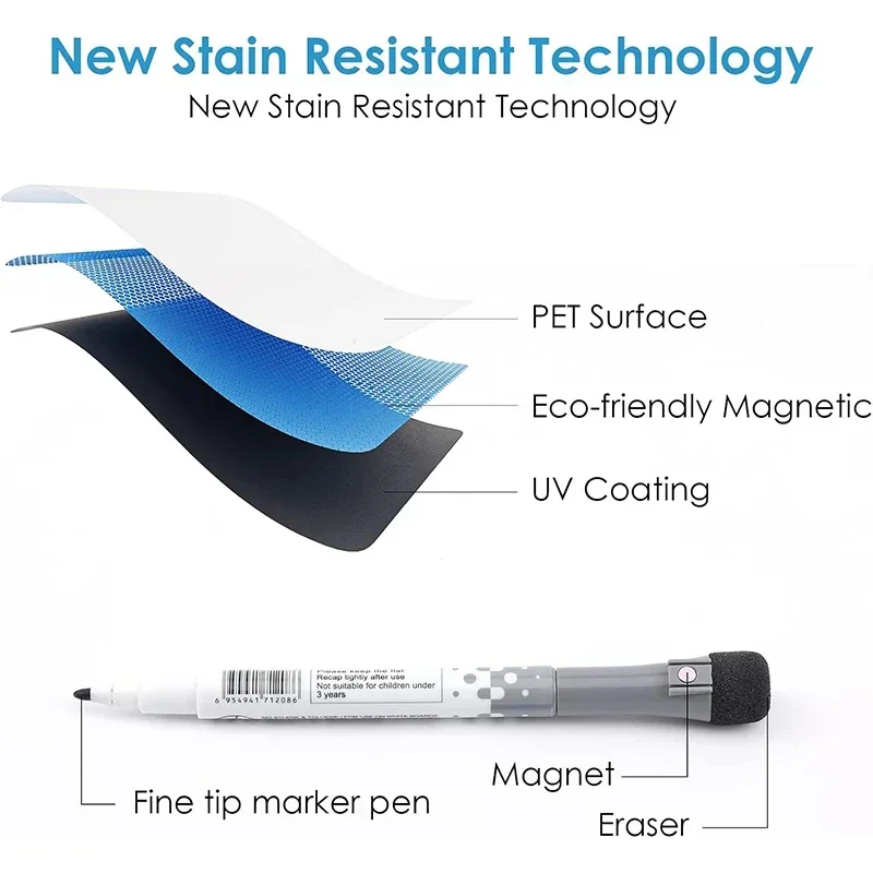 لوح مسح جاف للسبورة البيضاء المغناطيسية للثلاجة، ملصق الثلاجة 11.8 بوصة × 8.2 بوصة منظم ومخطط