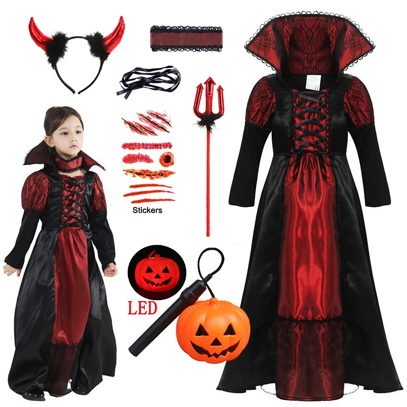 Kids Role Play Costume Set Boys Girls Vampire Outfit Halloween Cosplay Suit with Cape Accessories for Carnival Fancy Dress Party