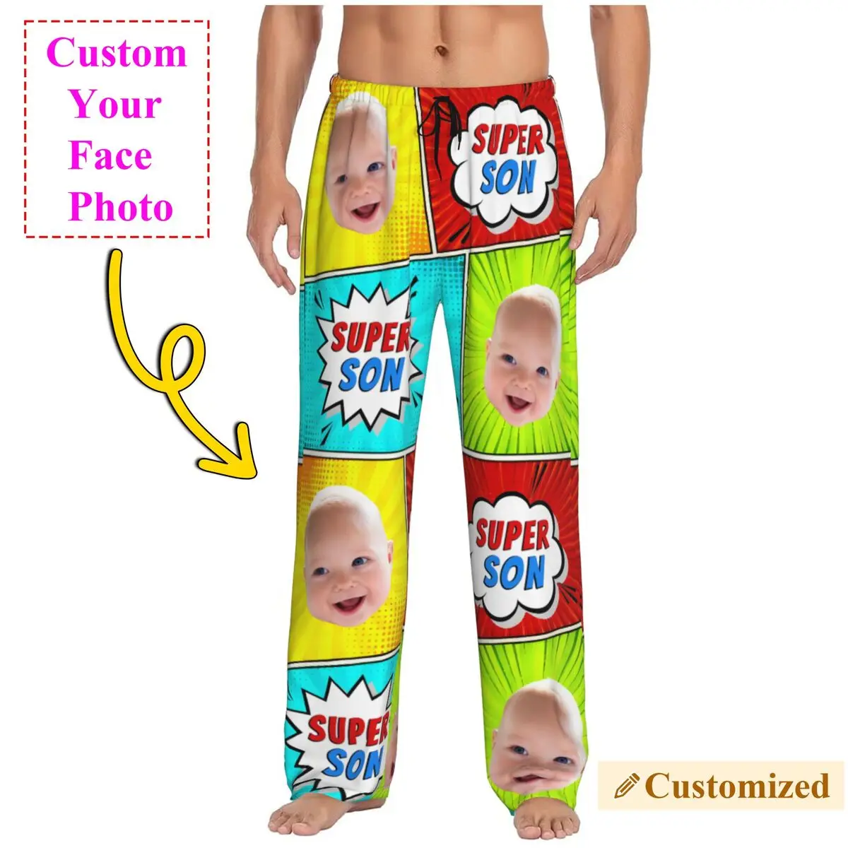 

Men Super Son Custom Pajama Pants Personalized Print Your Photo Sleepwear Sleep Lounge Bottoms with Pockets