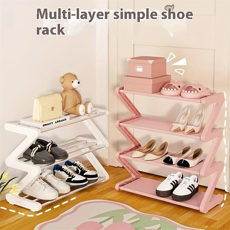 4-Tier Pink Z-Shaped Shoe Rack - Floor-Mounted Storage Rack for Living Room Bedroom Entryway|Shoe Rack|Shoe Storage Organizer