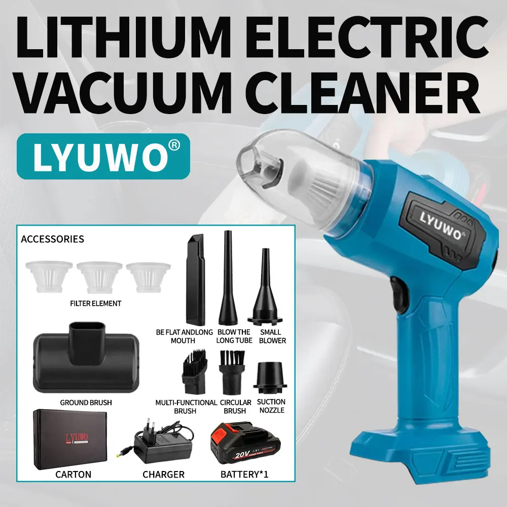 

Автомобильный пылесос LYUWO с двойной головкой и беспроводной зарядкой, высокая мощность всасывания для домашнего использования, мощное удаление пыли, ручной инструмент