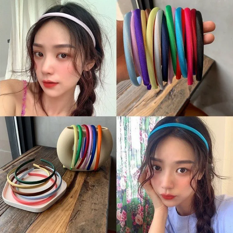 

Korean Women Thin Size Candy Color Satin Hairband Solid Headband Head Hoop Girls Non-slip Versatile Fashion Hair Accessories