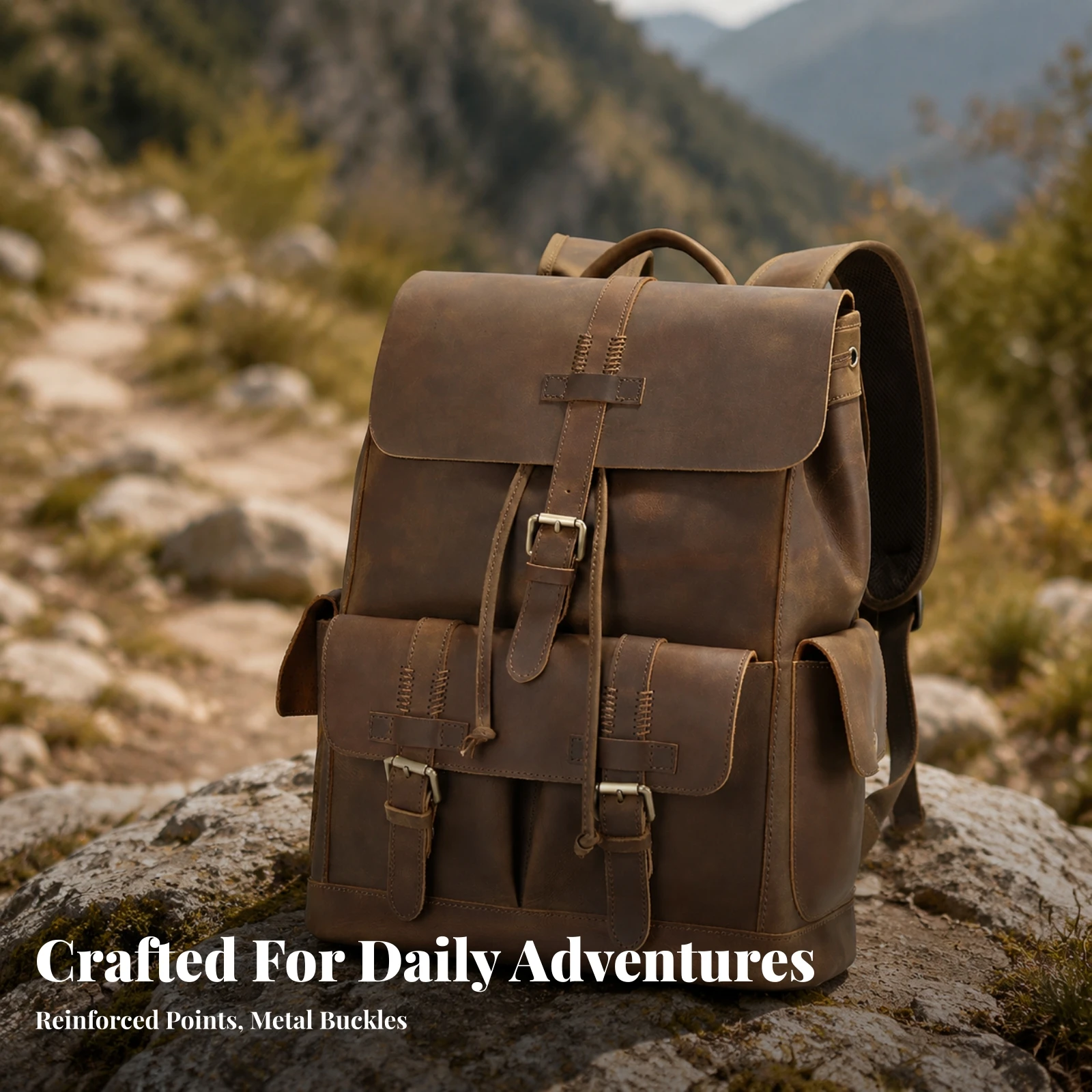 Canvas Backpack with Leather Trim Multi-Pocket Vintage Rucksack with Buckle Straps Bag Wear-Resistant for Travelers, Hiking