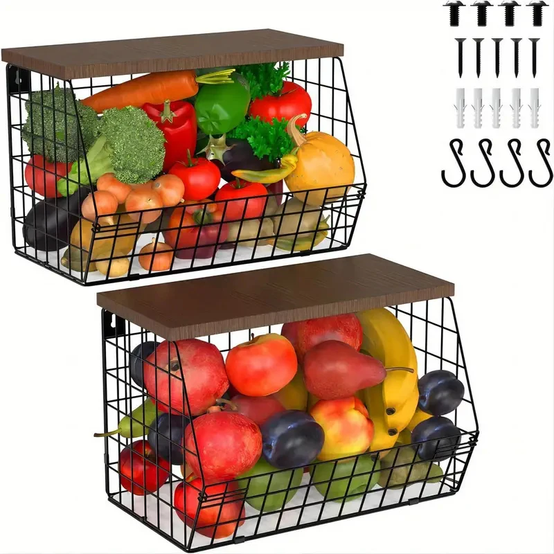 

Fruit Basket Onion Storage Wire Baskets with Wood Lid, Multifunctional Stackable Wall Mounted Countertop Tiered Kitchen