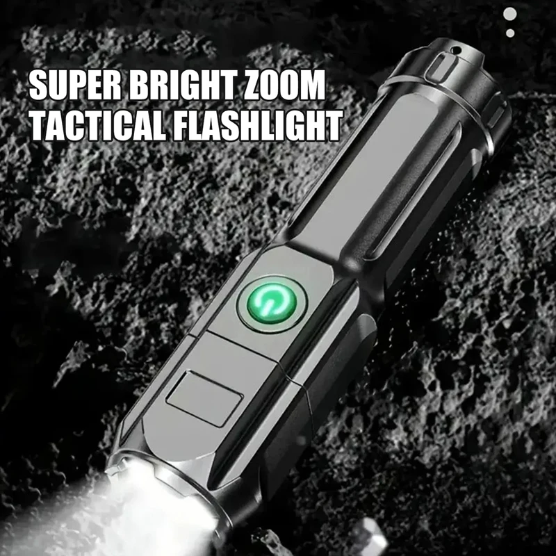 Telescopic Zoom Tactical Flashlights Rechargeable LED Torch 4 Lighting Modes Long-Range Waterproof Camping Fishing Flashlight