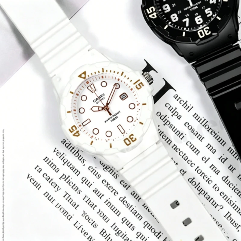 Casio LRW-200H-7E2 Women's Analog Quartz Watch, White Resin Band, Rose Gold Accents, 100M Water Resistant & Date Display