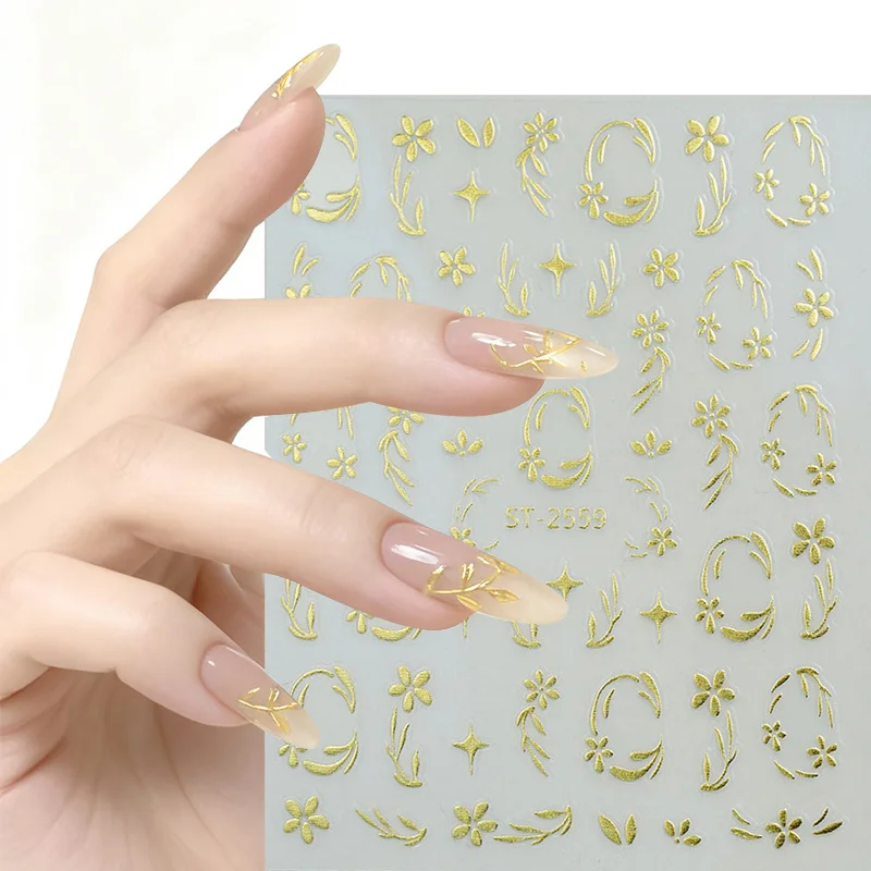 1pc ゴールデンシルバーリーフブランチチップネイルステッカーグラデーションラインスライダー爪用オンブルデザイン自己粘着ネイルアートデカール