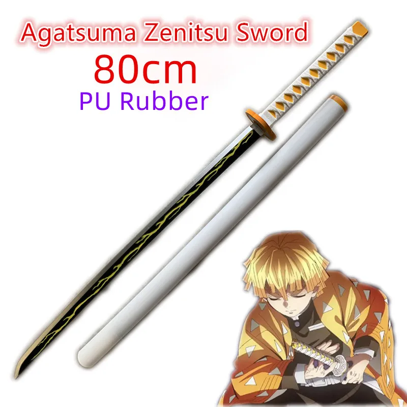 WW 80cm Cosplay Swords Anime Demon Slayer Katana Weapon Original Sword Agatsuma Zenitsu Fire Swords Toy Safety Rubber Model Gift