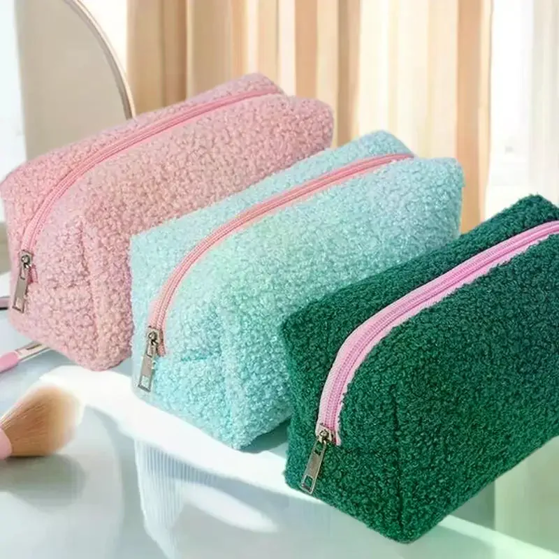 

Solid Colored Plush Women's Travel Cosmetic Bag Compact Size Zip Up Toiletry Pouch Portable Wash Bag